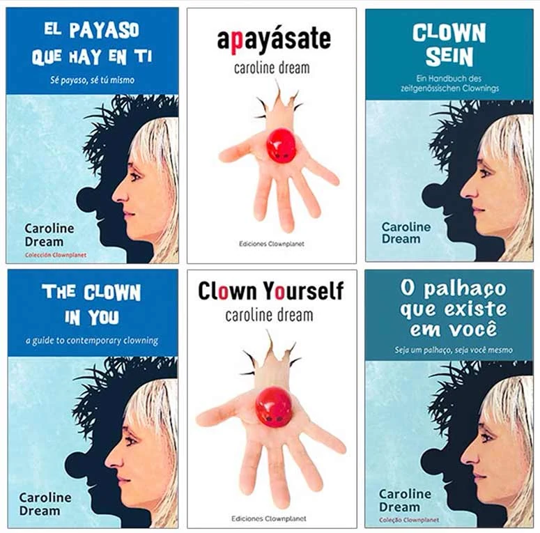 Portadas de seis libros de clown de Caroline Dream en distintos idiomas